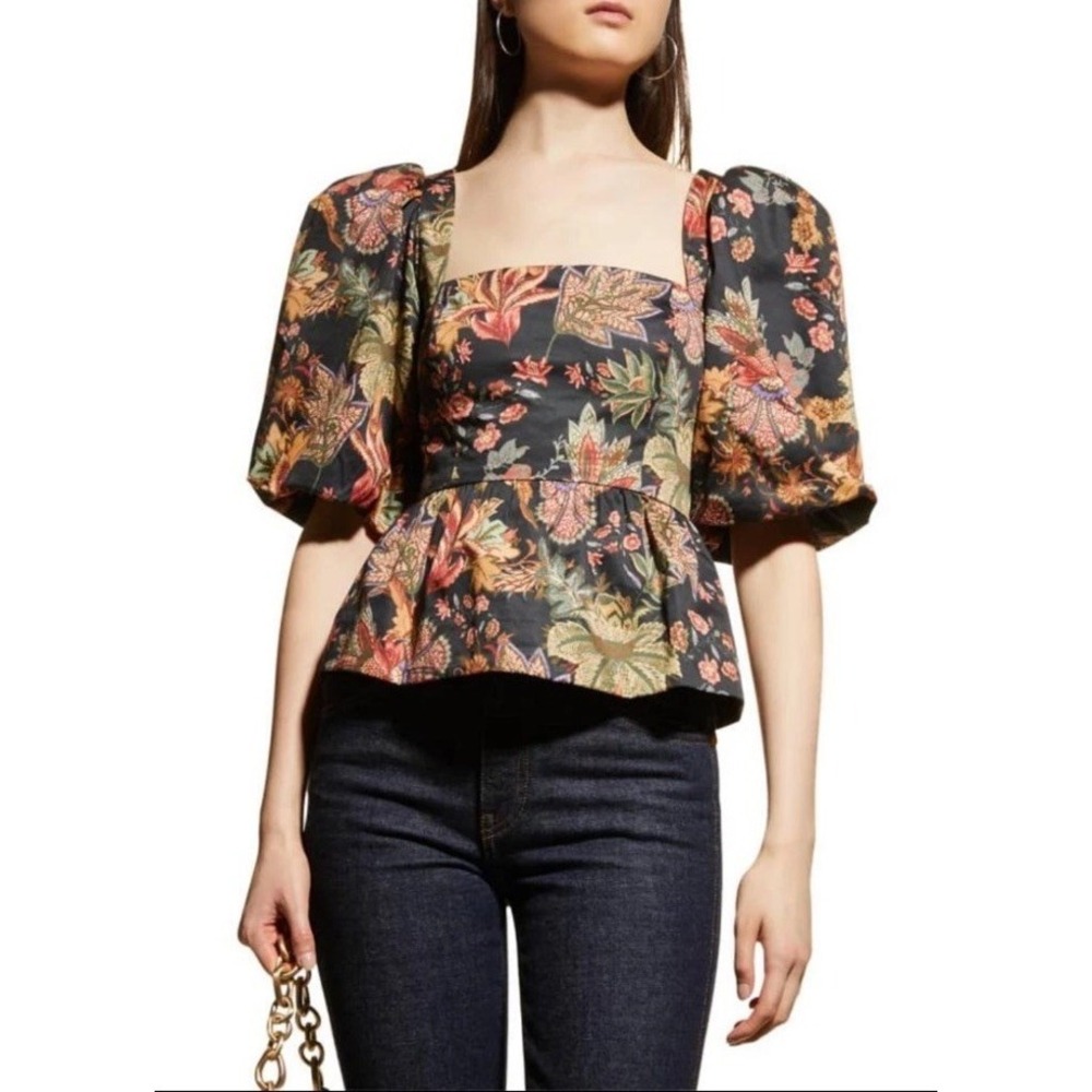 Cara Cara Black Muli Jacobean Puff Short Sleeve Top/Blouse Size Large $395‎